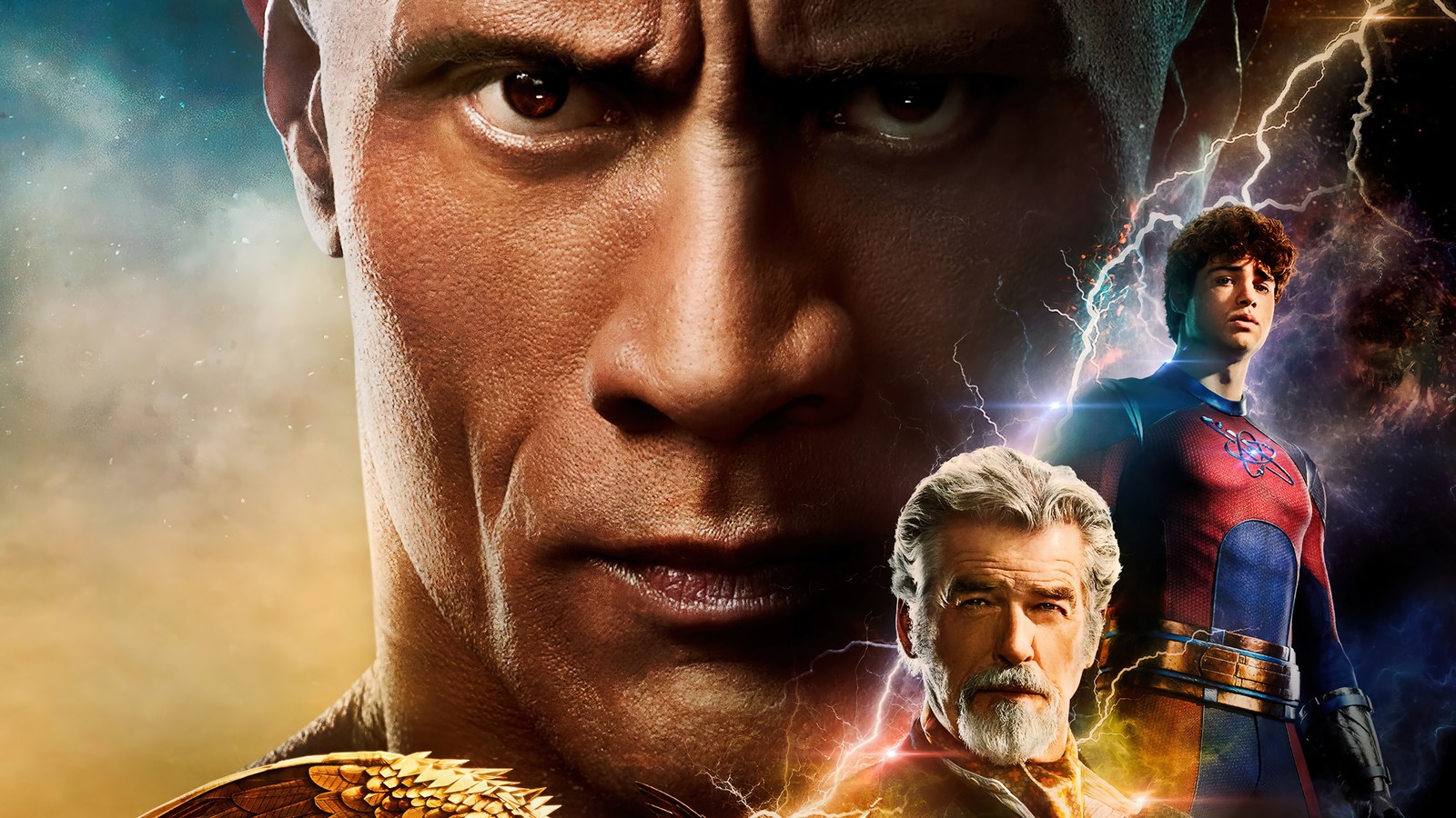 Um close de um homem com barba e um raio (black adam 2022, filme, cartaz)