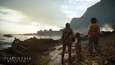 A group of three characters gazes out at a distant castle from a rocky shoreline, with dramatic cliffs and a sunset sky in the background.