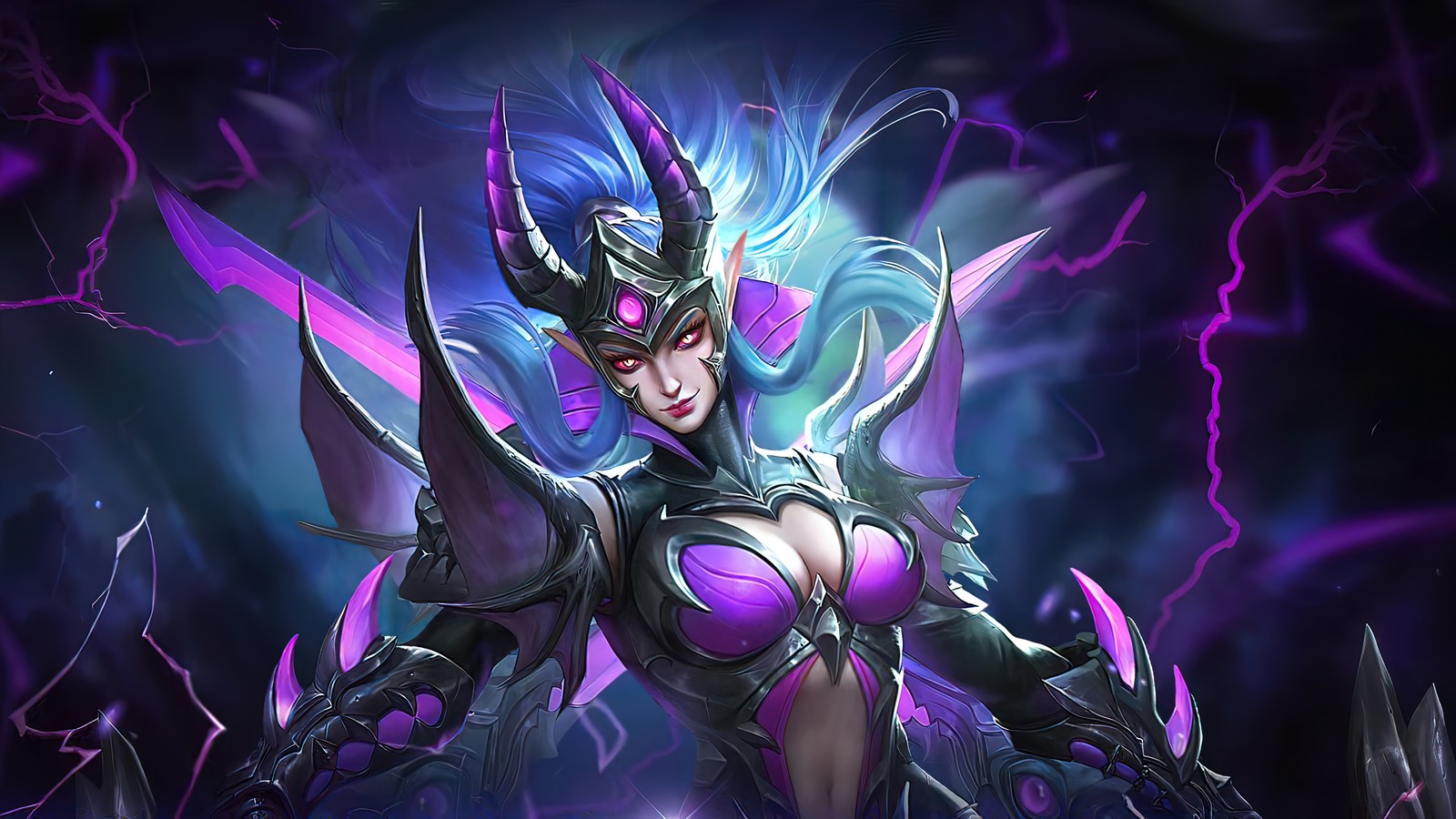 Une femme en tenue violette tenant une épée et une lumière violette (karina, doom duelist, rénové, peau, mobile legends)