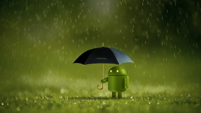 Android-Roboter unter einem Regenschirm im Regen