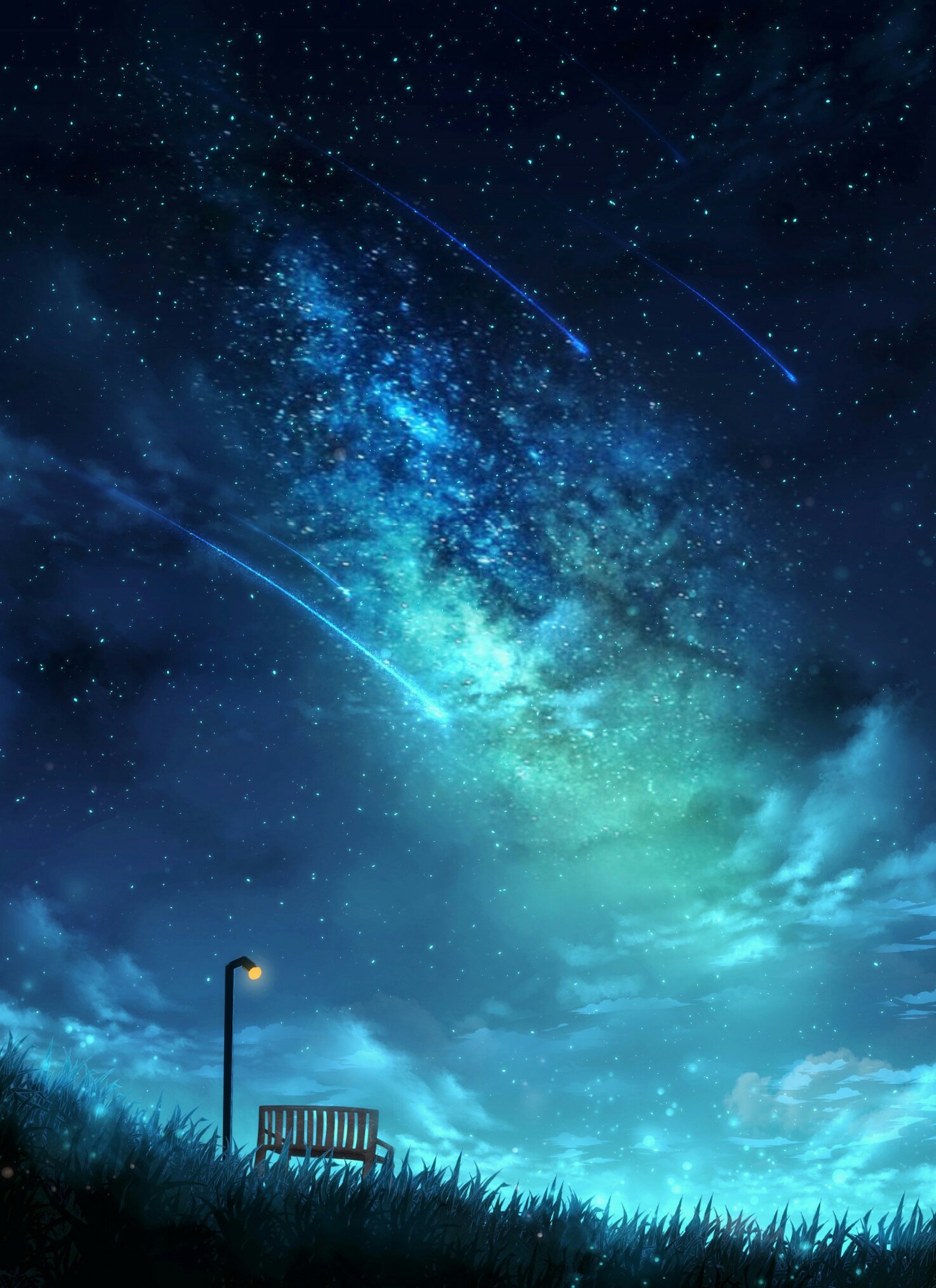 Céu noturno estrelado com um banco e uma luz de rua (anime, arte, atmosfera, noite, aurora)