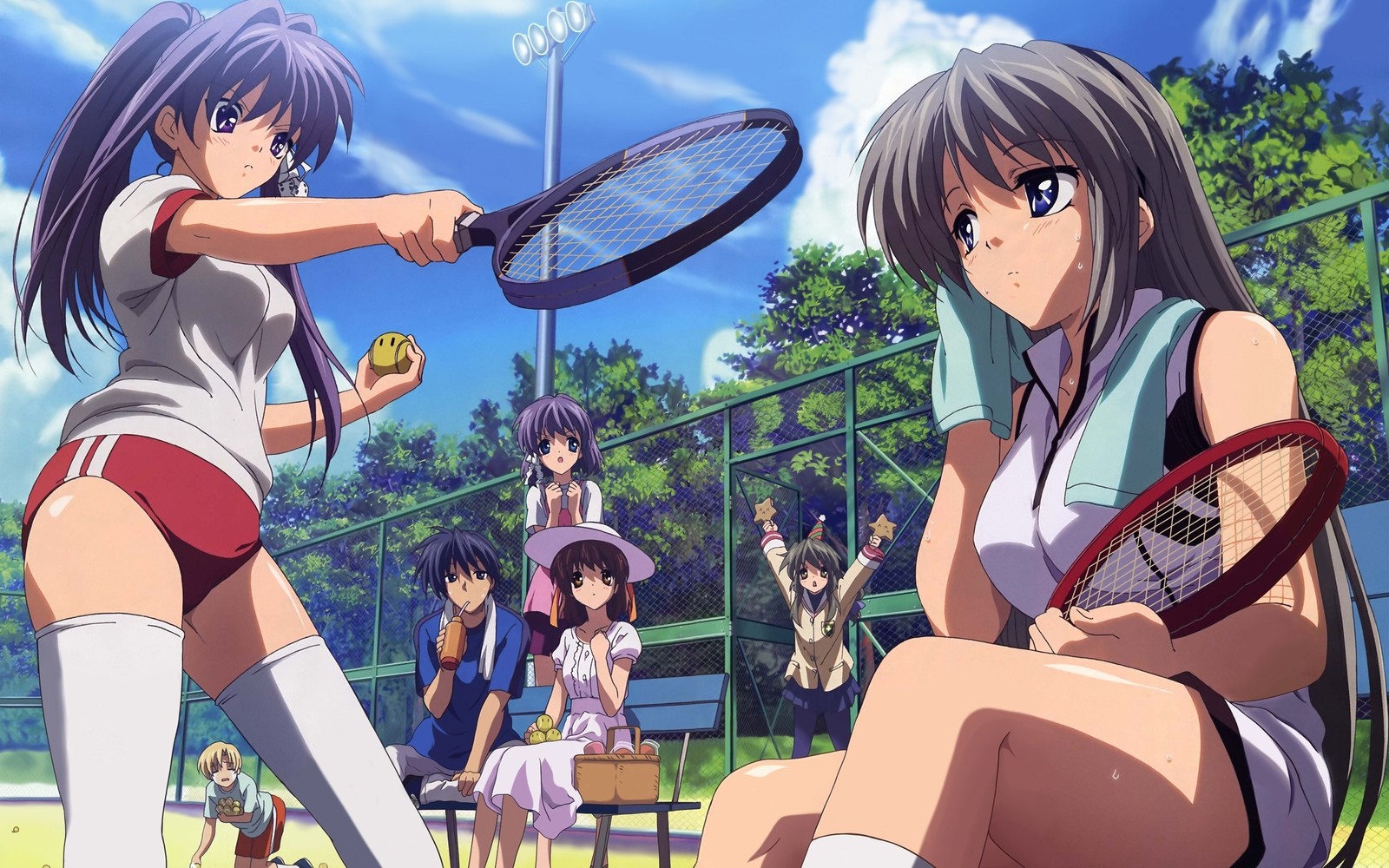 Imagem de anime de duas mulheres jogando tênis em um parque (desenho animado, recreação, clannad, menina, verão)