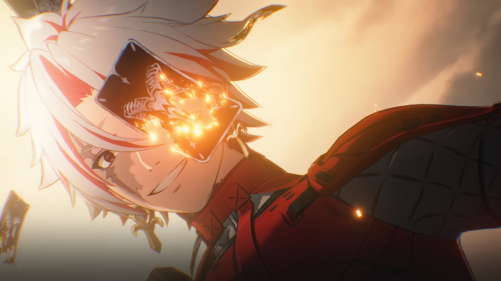 Anime character with a red jacket and black glasses with a fire in his mouth (scar, wuthering waves, video game)