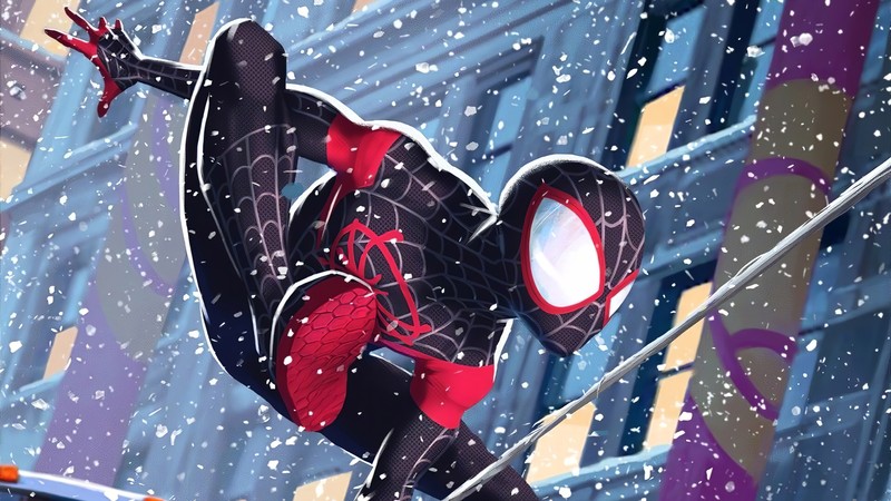 Человек-паук в черном костюме висит на проводе (майлз моралес, miles morales, человек паук через вселенные, spider man into the spider verse, фильм)