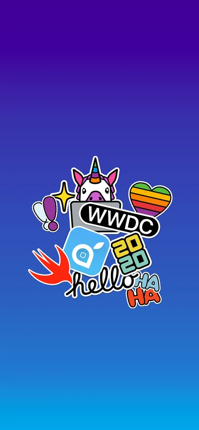 Colagem gráfica colorida com adesivos caprichosos, incluindo um unicórnio, corações e o logotipo da WWDC 2020, contra um fundo de gradiente vibrante.