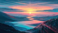 sunset, scenery, river, digital art wallpaper