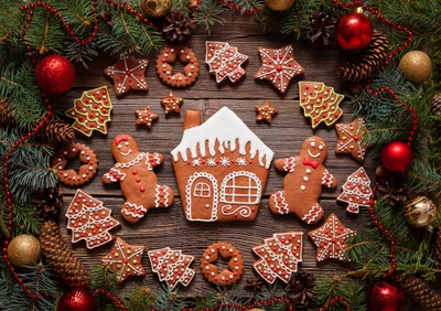 Maison en pain d'épice festive et biscuits entourés de décorations et d'ornements de Noël.