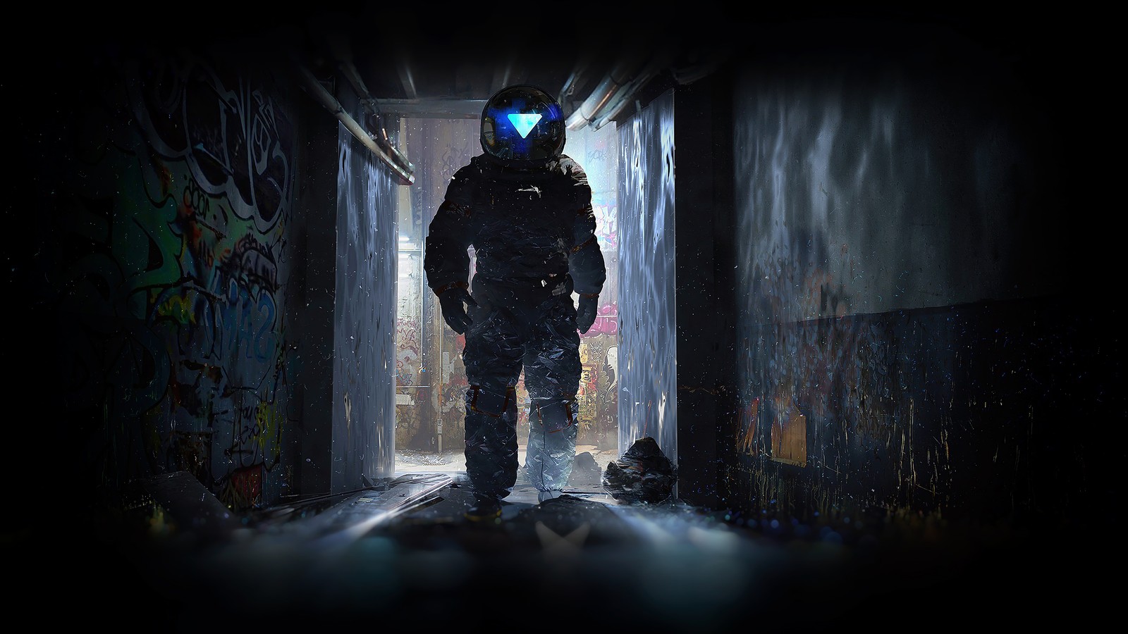 Arafed man in a gas mask standing in a dark hallway (sci fi, astronaut)