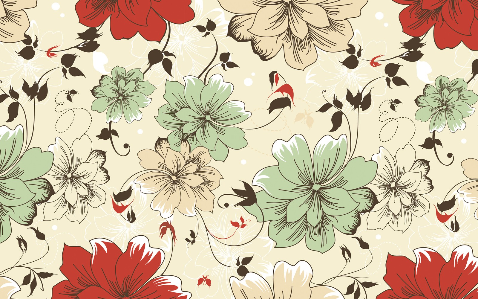 A floral pattern with red and green flowers on a beige background (floral design, flower, pattern, leaf, design)