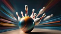 Dynamische Bowling-Aktion mit buntem Ball und umfallenden Pins