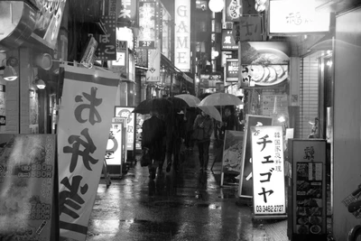 Escena callejera monocromática de Tokio: Vida urbana empapada de lluvia