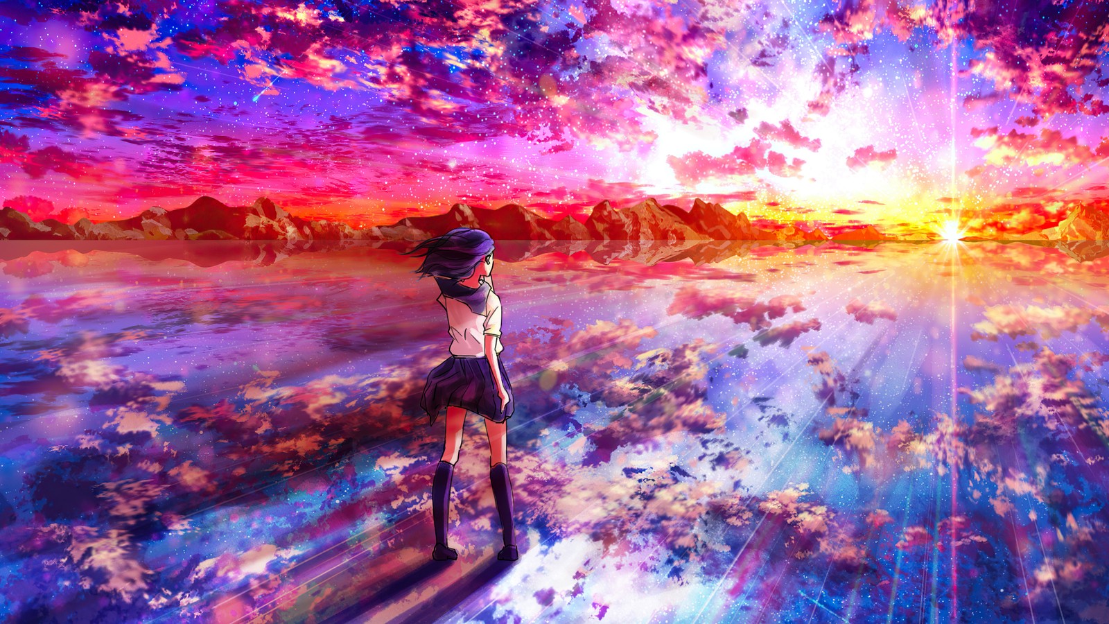 Fille anime regardant le coucher de soleil sur l'eau (anime, monde, personnes dans la nature, violet, peinture)