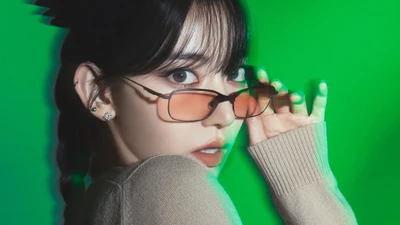 Miyawaki Sakura en una pose elegante, usando gafas de sol rosas contra un fondo verde vibrante, mostrando una estética chic y moderna.