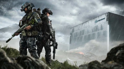 Soldados se preparam para o combate em Battlefield 2042 em meio a uma paisagem tempestuosa