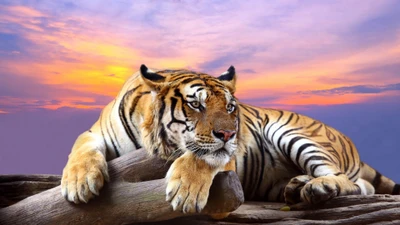 Tigre majestueux se relaxant contre un ciel de coucher de soleil coloré