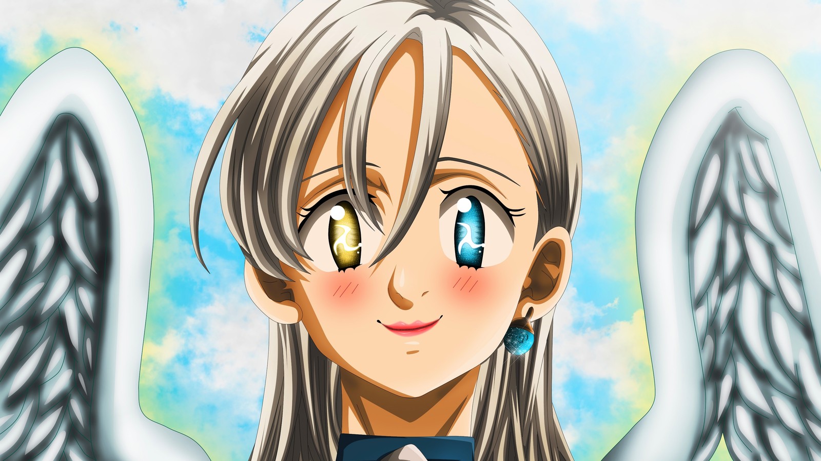 Chica de anime con alas de ángel y ojos azules (elizabeth liones, diosa, nanatsu no taizai, los siete pecados capitales, the seven deadly sins)