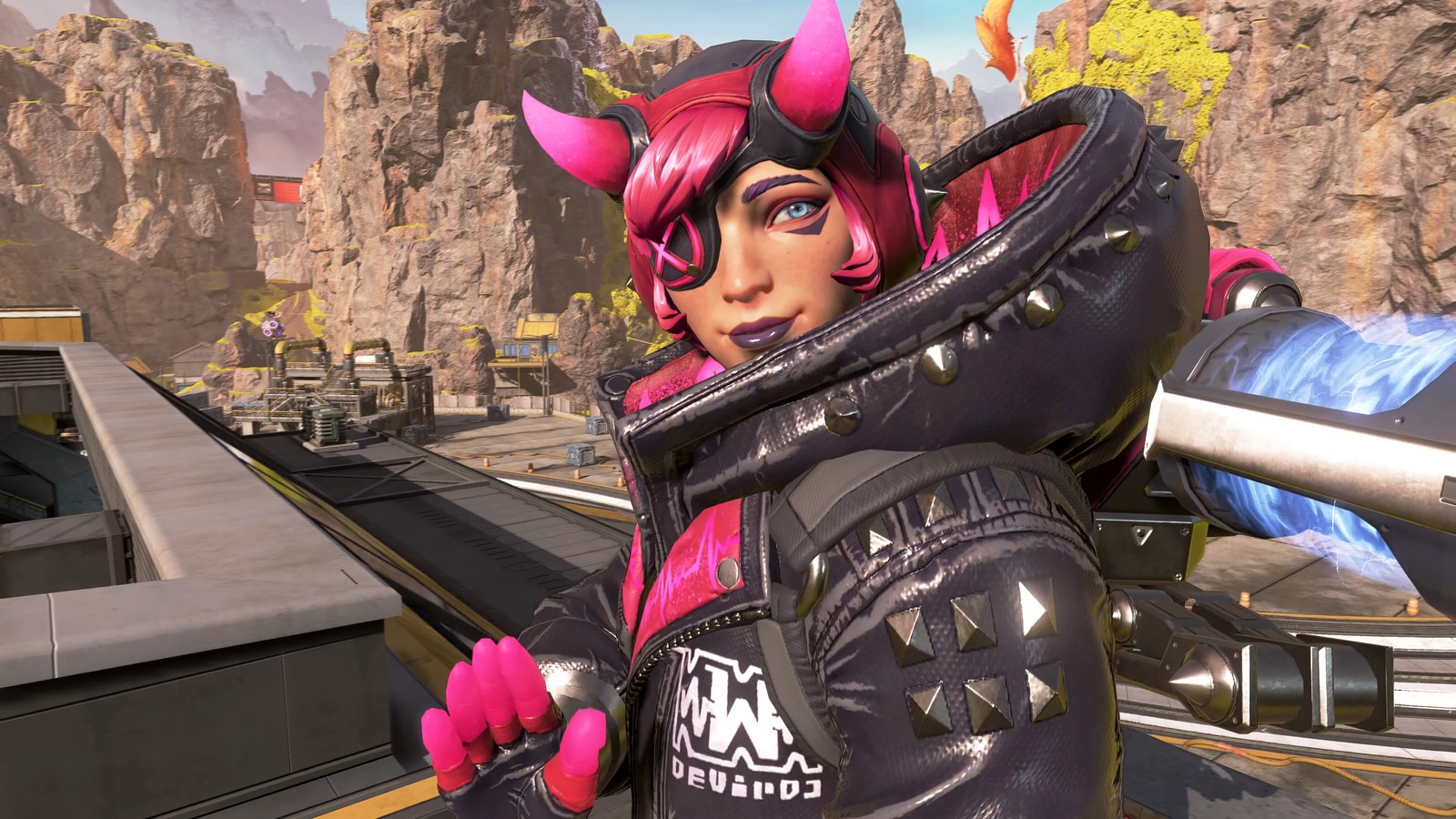 Um close de uma pessoa em um traje rosa segurando uma arma (apex legends, jogo de vídeo, temporada 4, season 4, assimilação)