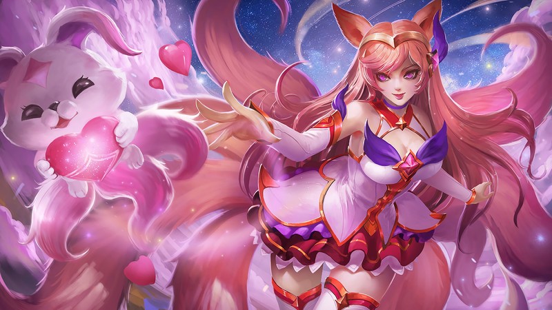 Девочка в розовом платье с кошачьими ушками и хвостом (ахри, ahri, lol, league of legends, видеоигра)