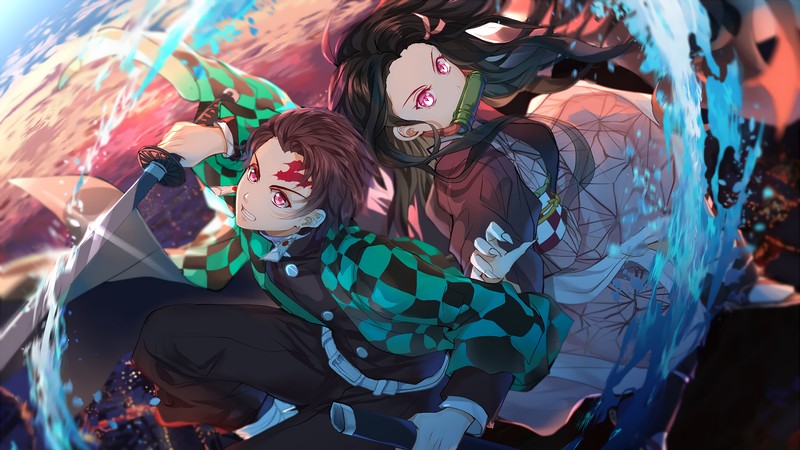 Пара аниме персонажей сидит на столе (tanjiro kamado, nezuko kamado, kimetsu no yaiba, аниме, anime)