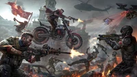 Intense battle scene from "Homefront: The Revolution," showcasing armed fighters engaging in combat amidst explosions and chaos, with mecha and aerial drones overhead.