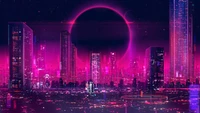 Futuristische Neon-Stadtlandschaft unter einer himmlischen Finsternis