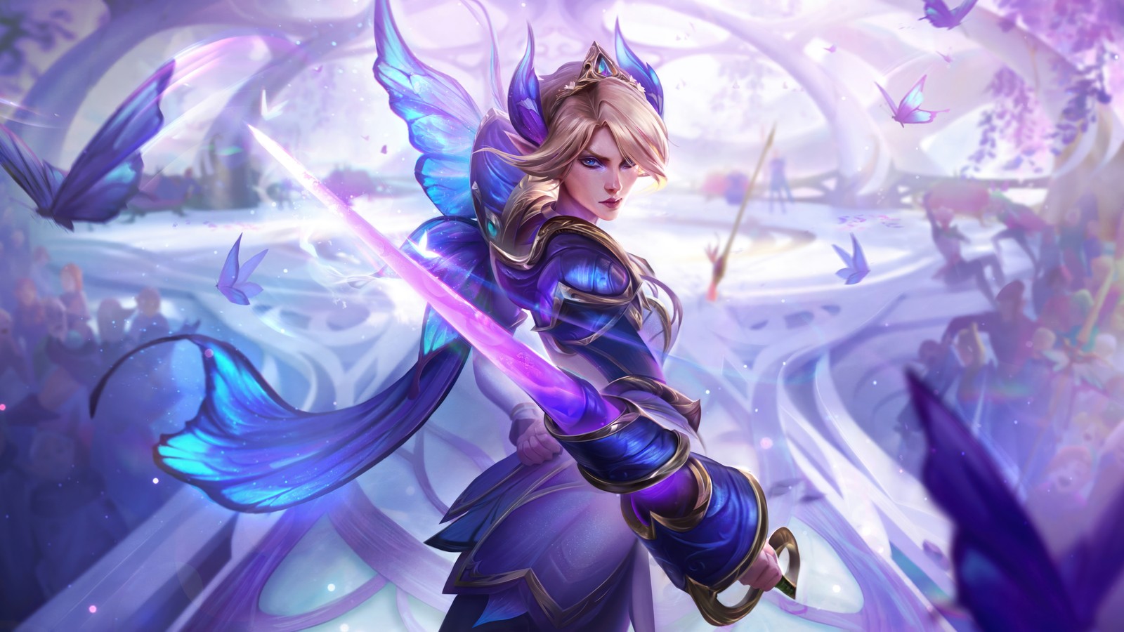 A woman with a sword in her hand and a purple dress (faerie, court, fiora, skin, lol)