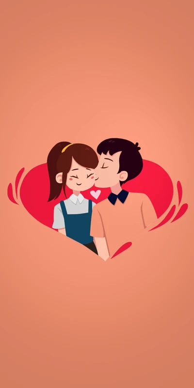 Illustration d'un couple partageant un baiser, encadrée par un design en forme de cœur.