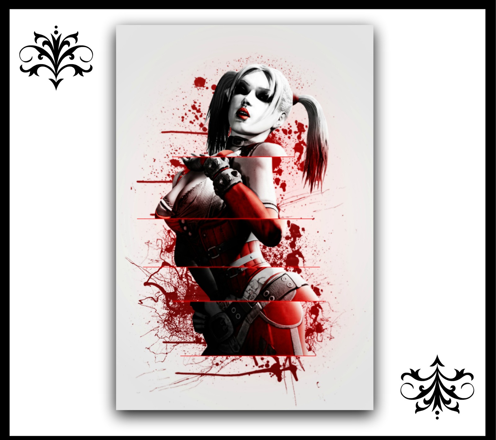 A picture of a woman with a knife and blood splattered on her face (batman, dark, harley, joker, quinn)