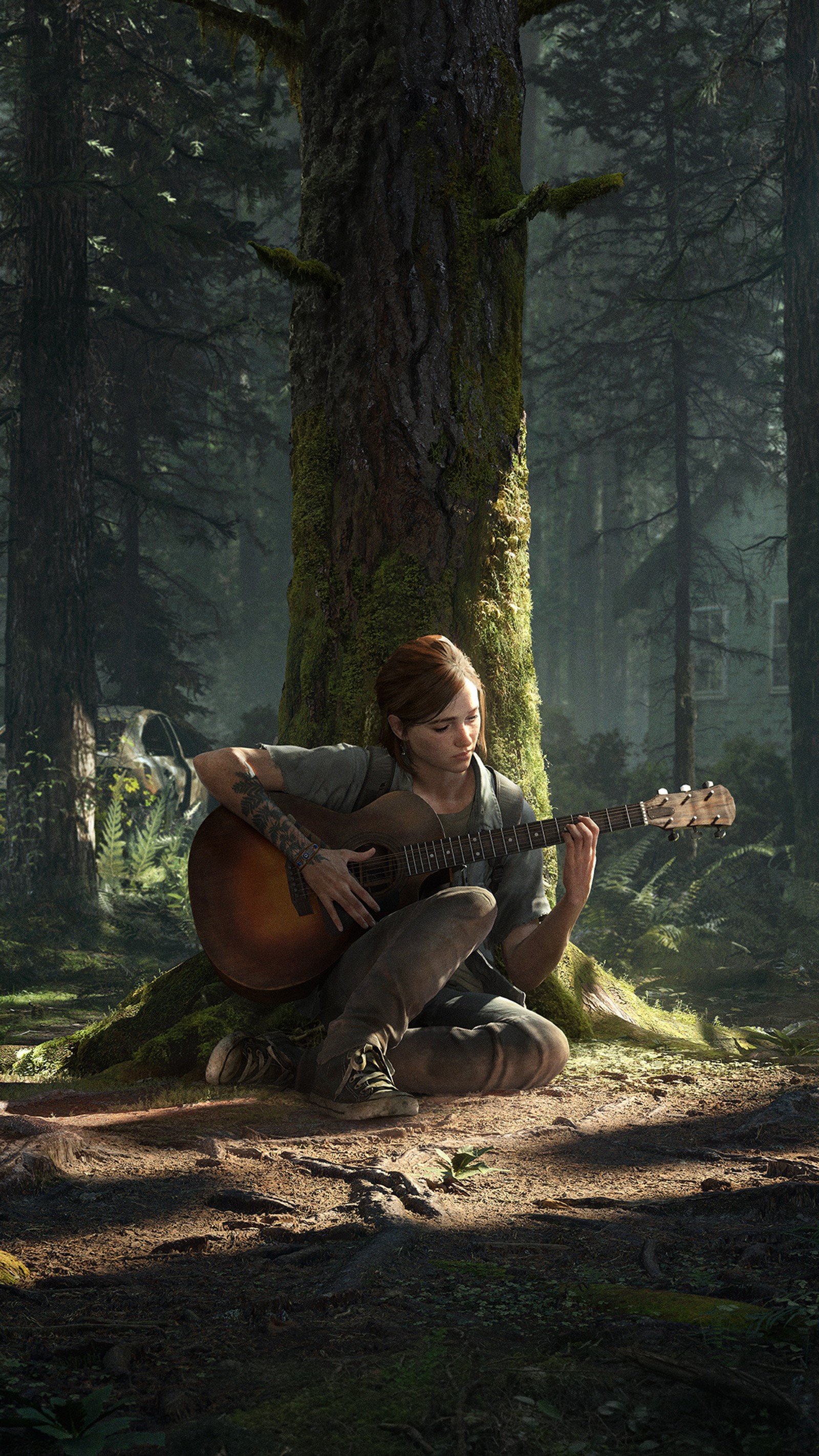 Eine frau sitzt unter einem baum und spielt gitarre (spiel, letzte, luciernagas, von, playstation)