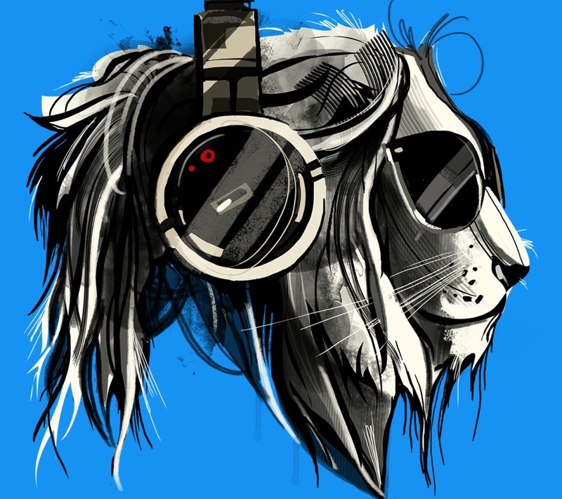 A close up of a lion wearing headphones and a pair of sunglasses (animal, cartoon)