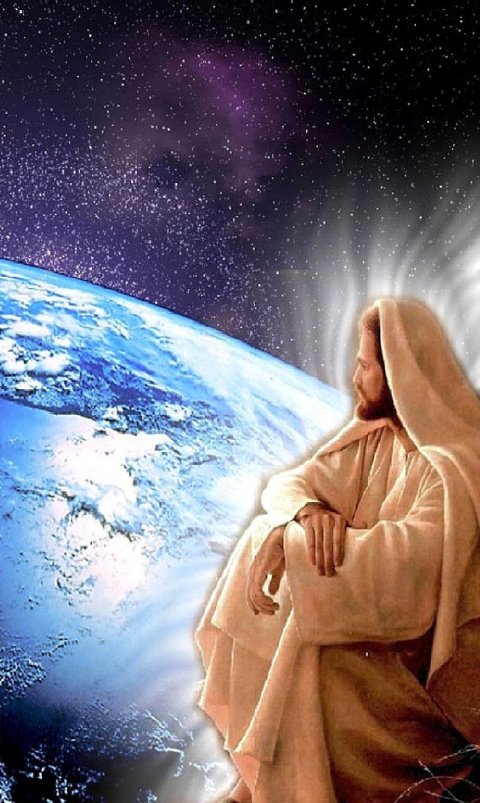 Jésus assis sur une pierre regardant la terre (regard de jésus)