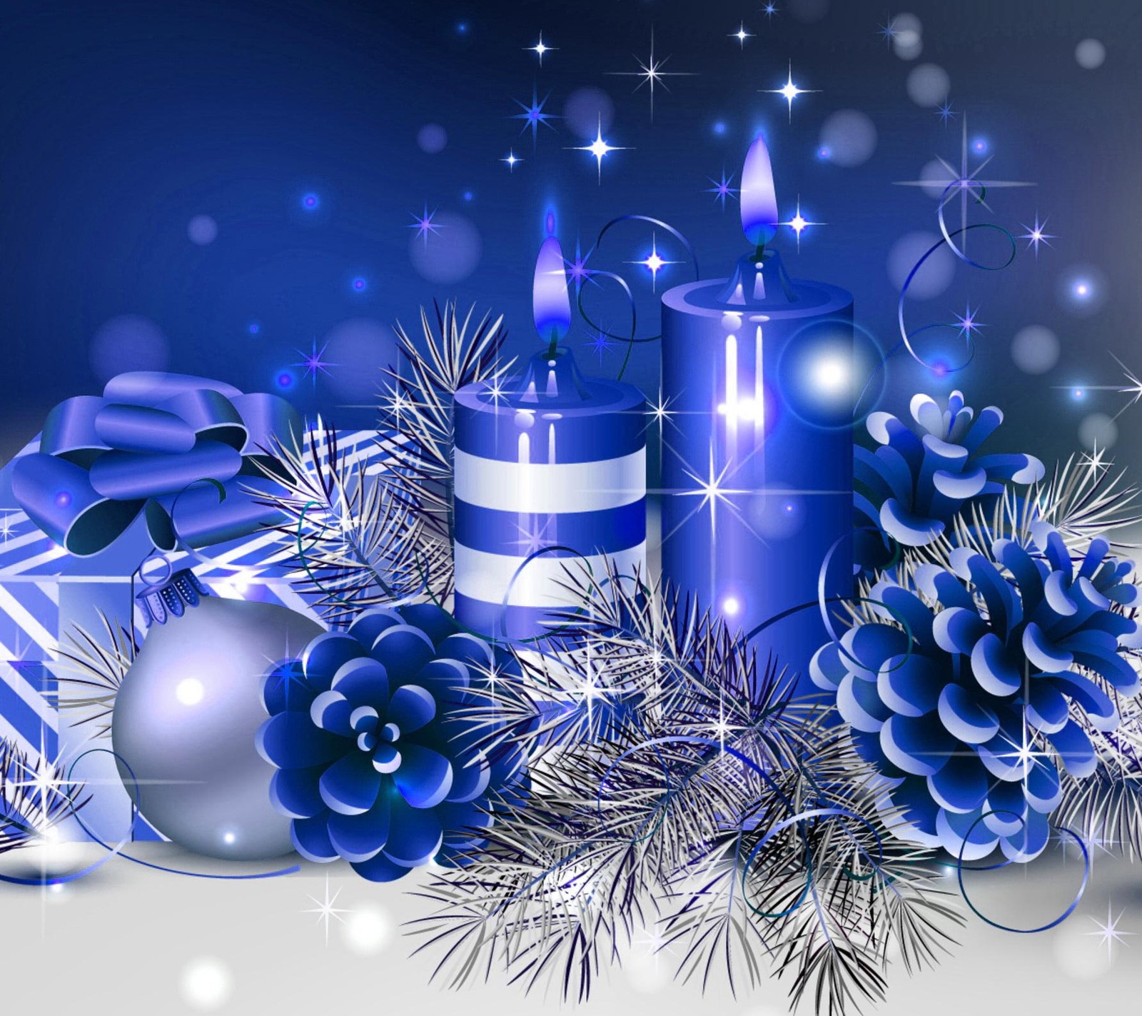 Um close de uma decoração de natal azul com velas e enfeites (azul, natal, férias)