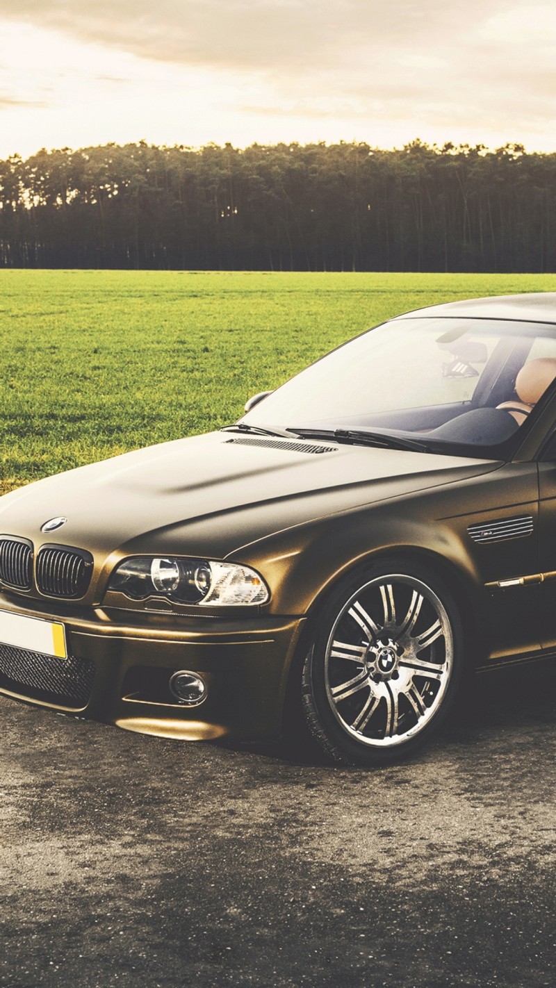 Un bmw negro estacionado en un campo con un campo verde al fondo (bmw, coche)