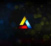 Logo de Abstergo con diseño geométrico y fondo hexagonal colorido