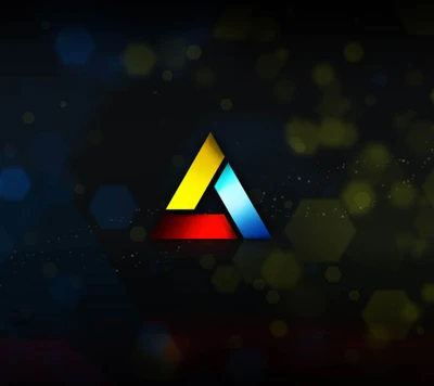 Logo de Abstergo con diseño geométrico y fondo hexagonal colorido