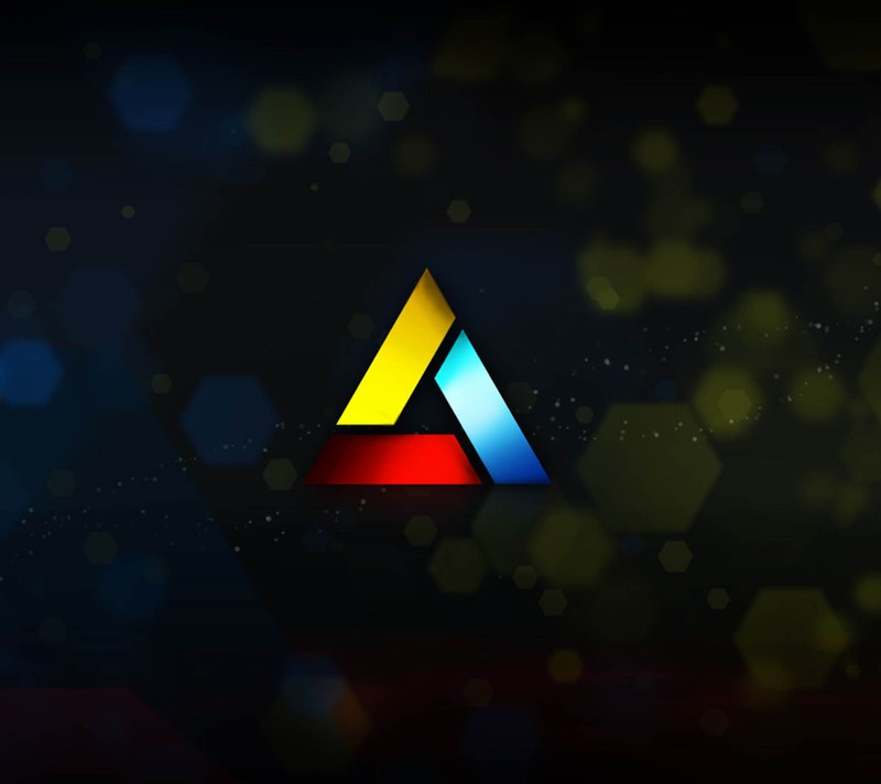 Un logotipo triangular colorido sobre un fondo oscuro con bokeh (abstergo, asc, juegos)