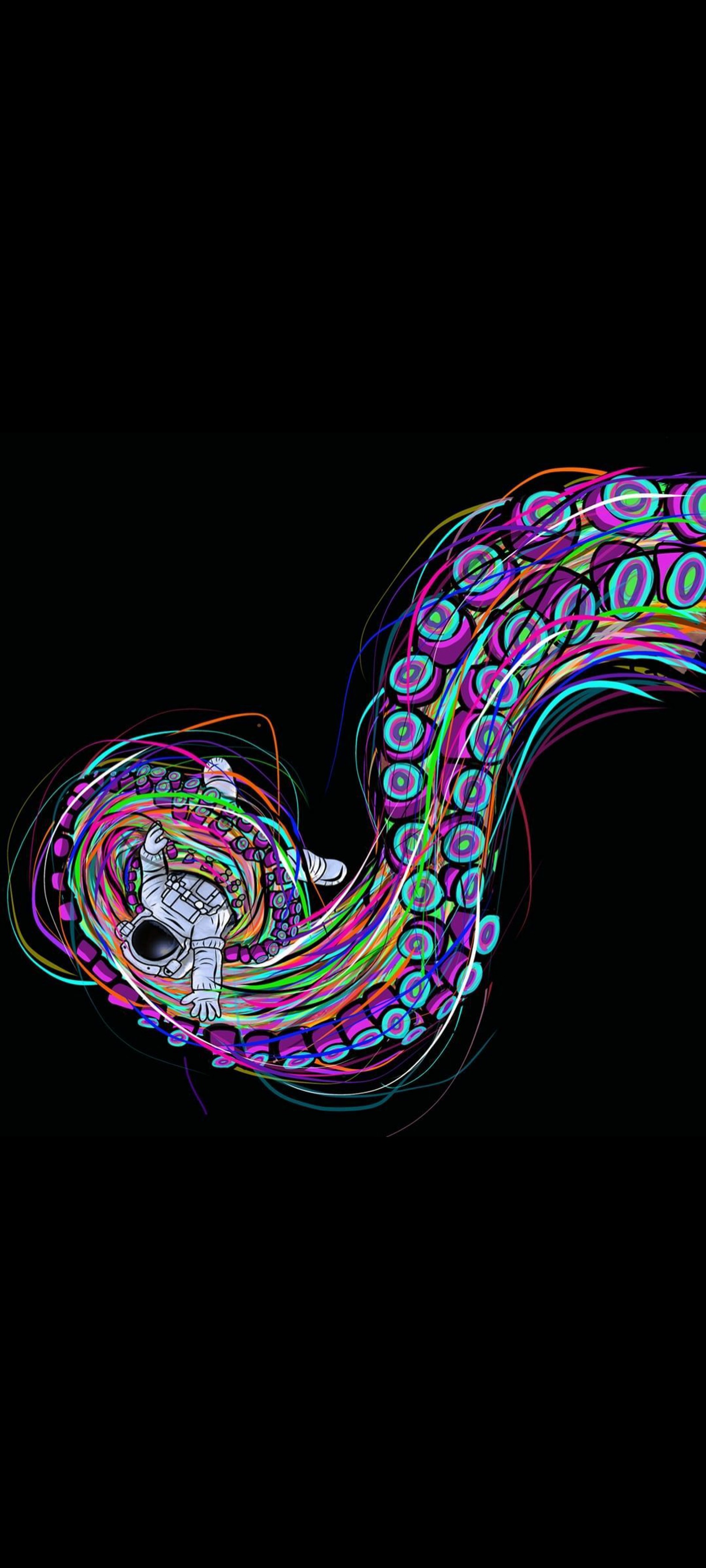 Espirais de cabelo colorido de uma mulher em um fundo preto (astronauta, amoled, arte fractal, arte, matemática)