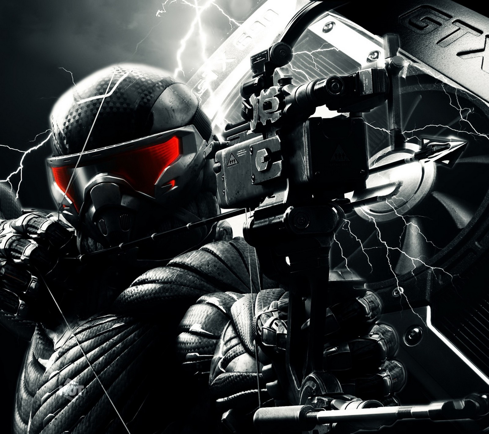 Un gros plan d'un homme avec une arme et un casque (crysis 3, crysis 3 game, jeu, hd)