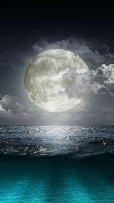 Lune Radieuse Illuminant des Vagues Océaniques Sereines