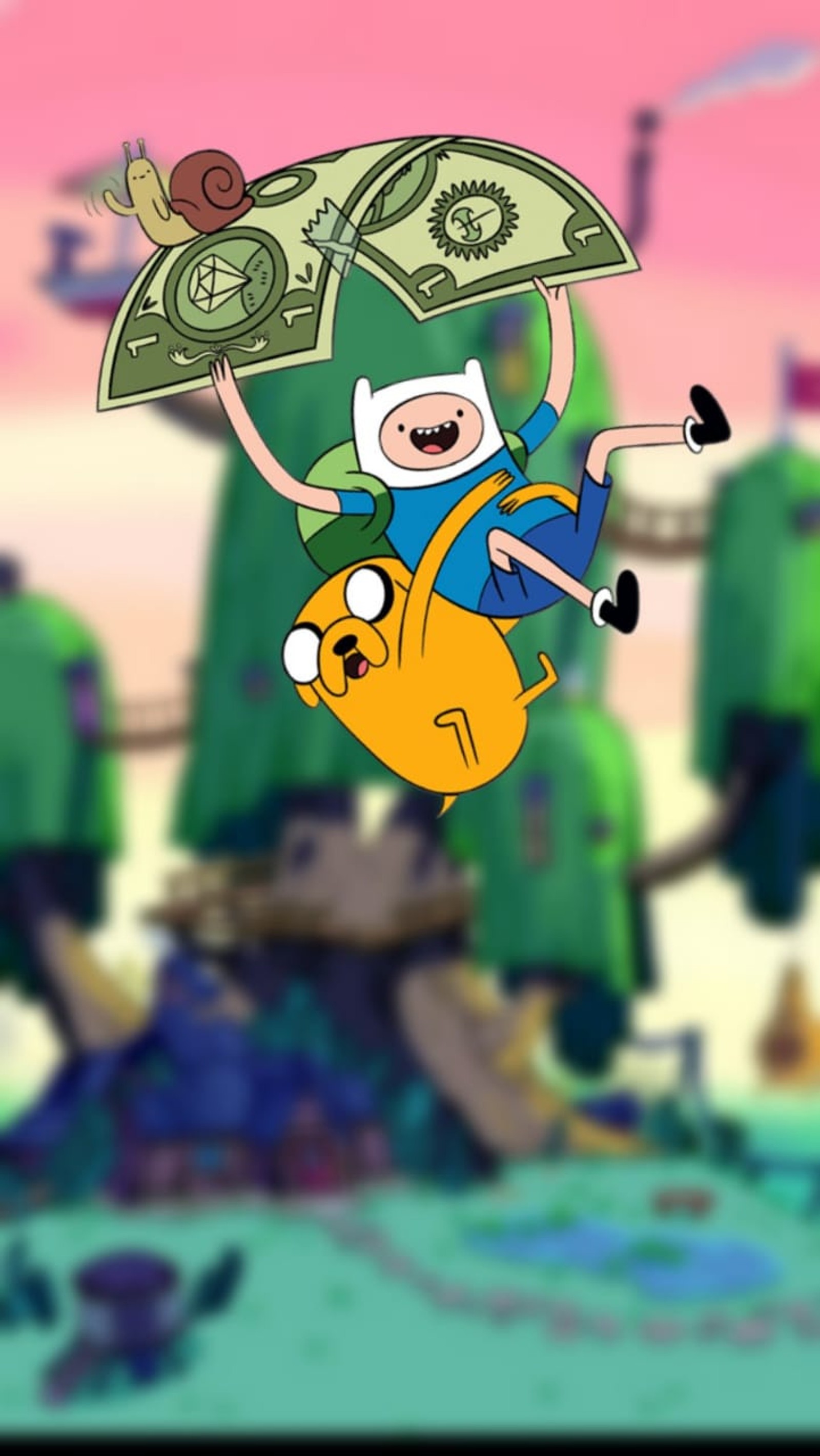 Un personaje de dibujos animados sostiene un billete en el aire (hora de aventuras, adventure time, caricatura, finn, hora de aventura)