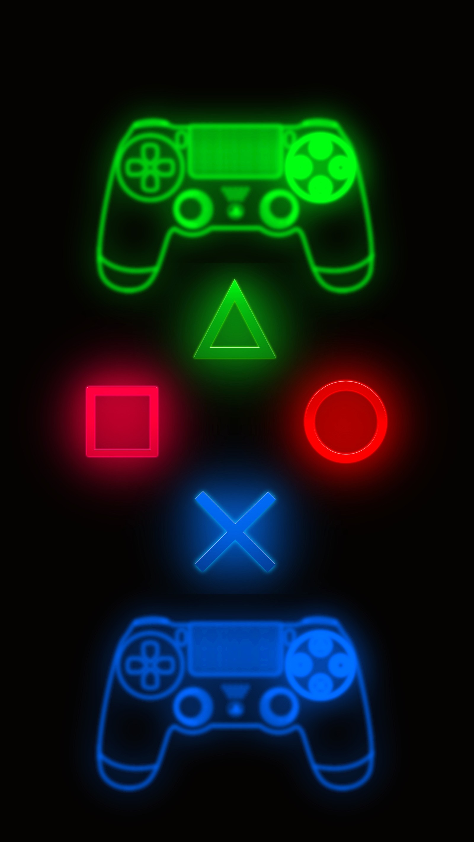 Um close de um controle de videogame iluminado por neon com quatro cores diferentes (logotipo, manette, pad, ps4, sony)