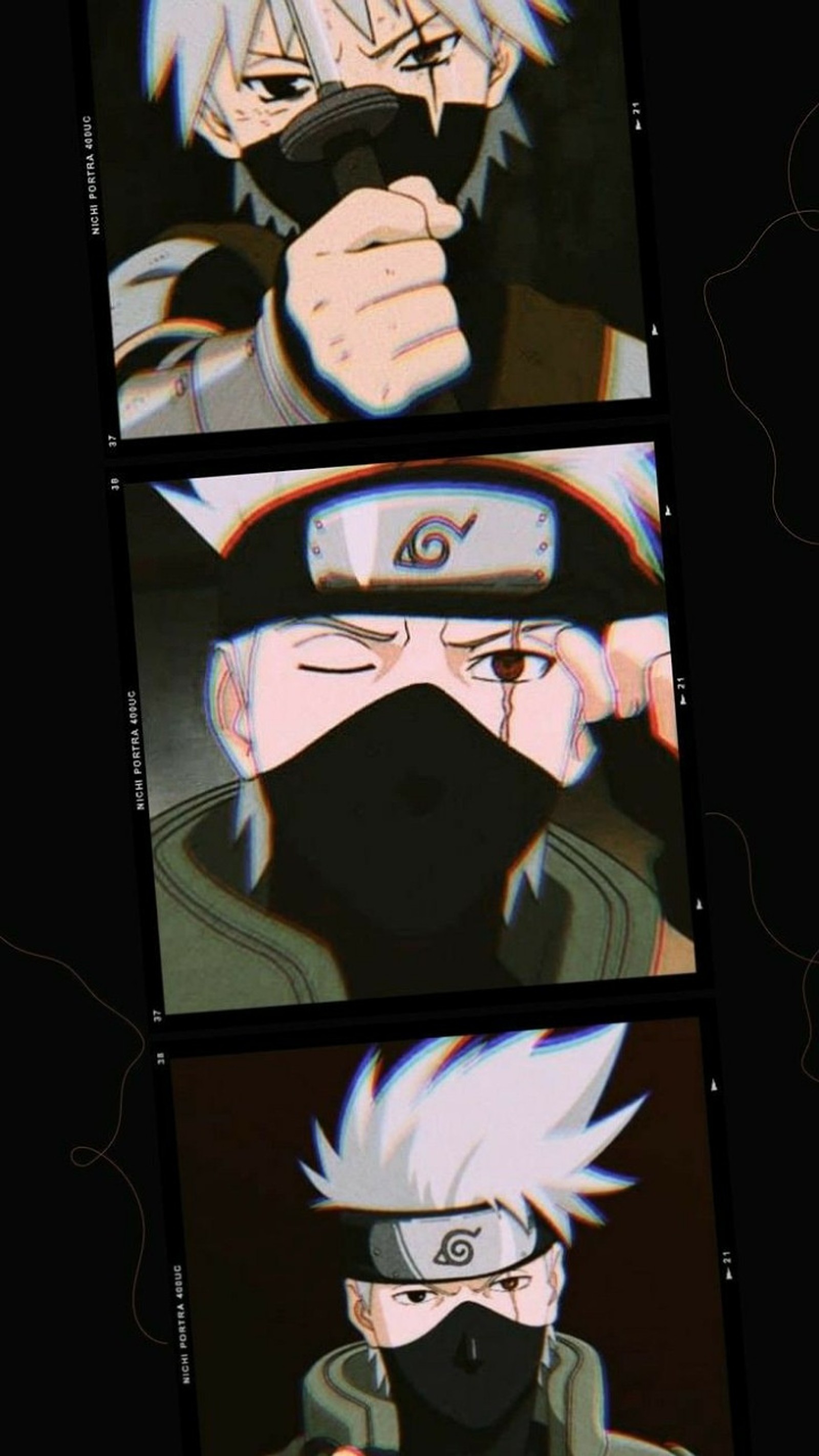 Un primer plano de una persona sosteniendo una cámara con un fondo negro (hatake, kakashi, ninja)