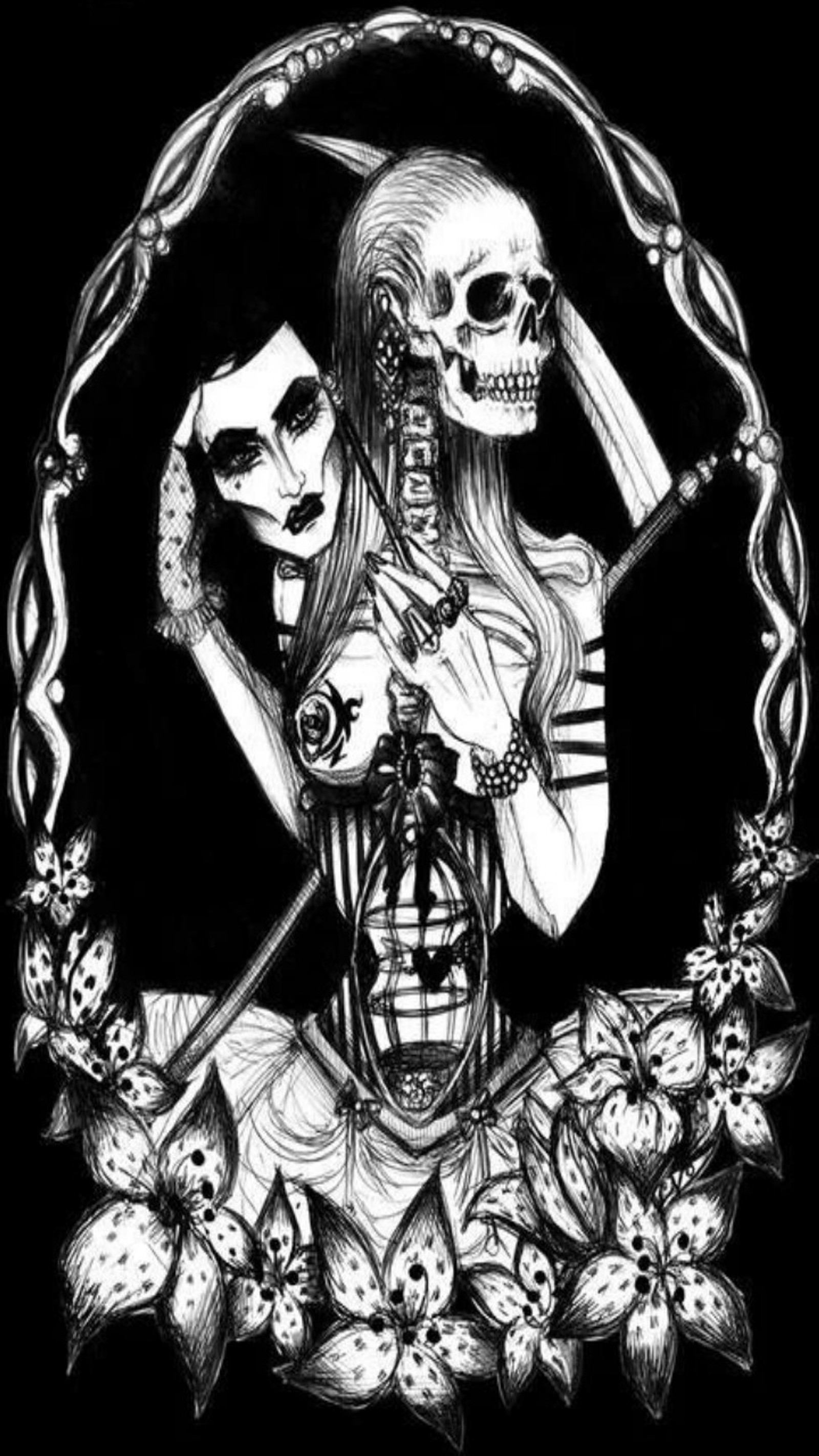 A drawing of a woman with a skeleton and a lantern (foba, hd, skull, wallpapers)