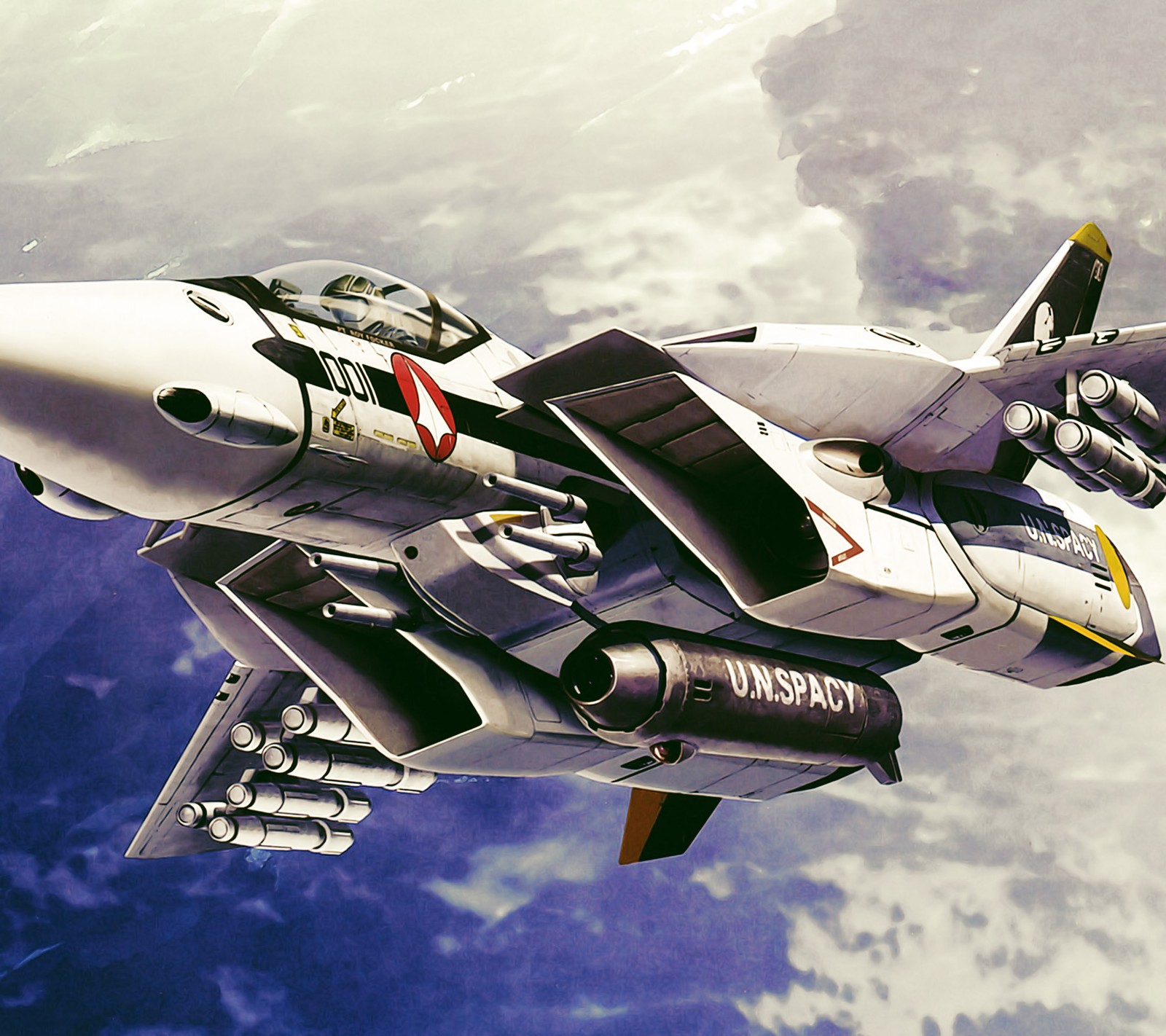 There is a jet that is flying in the sky with a jet behind it (air force, fighter, macross)