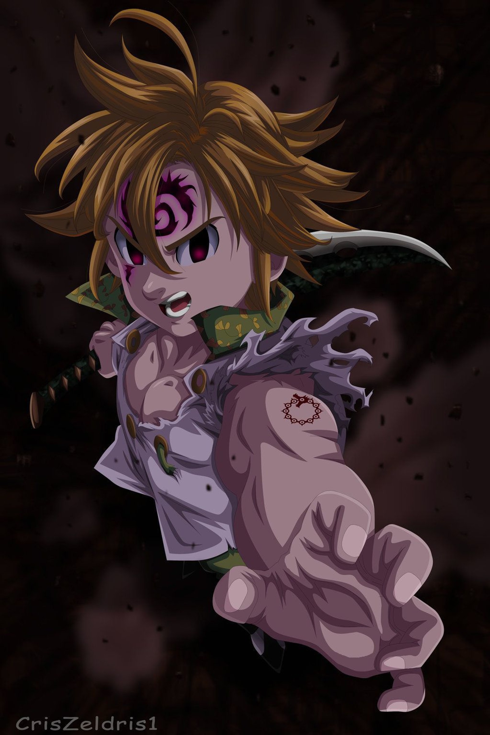 Personnage d'anime avec un couteau et une chemise rose (7pecados capitales, anime, nanatsu no taizai)