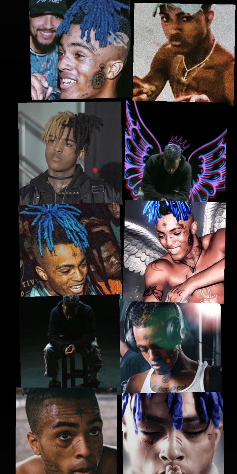 A close up of a collage of different pictures of a man with blue hair (llj)