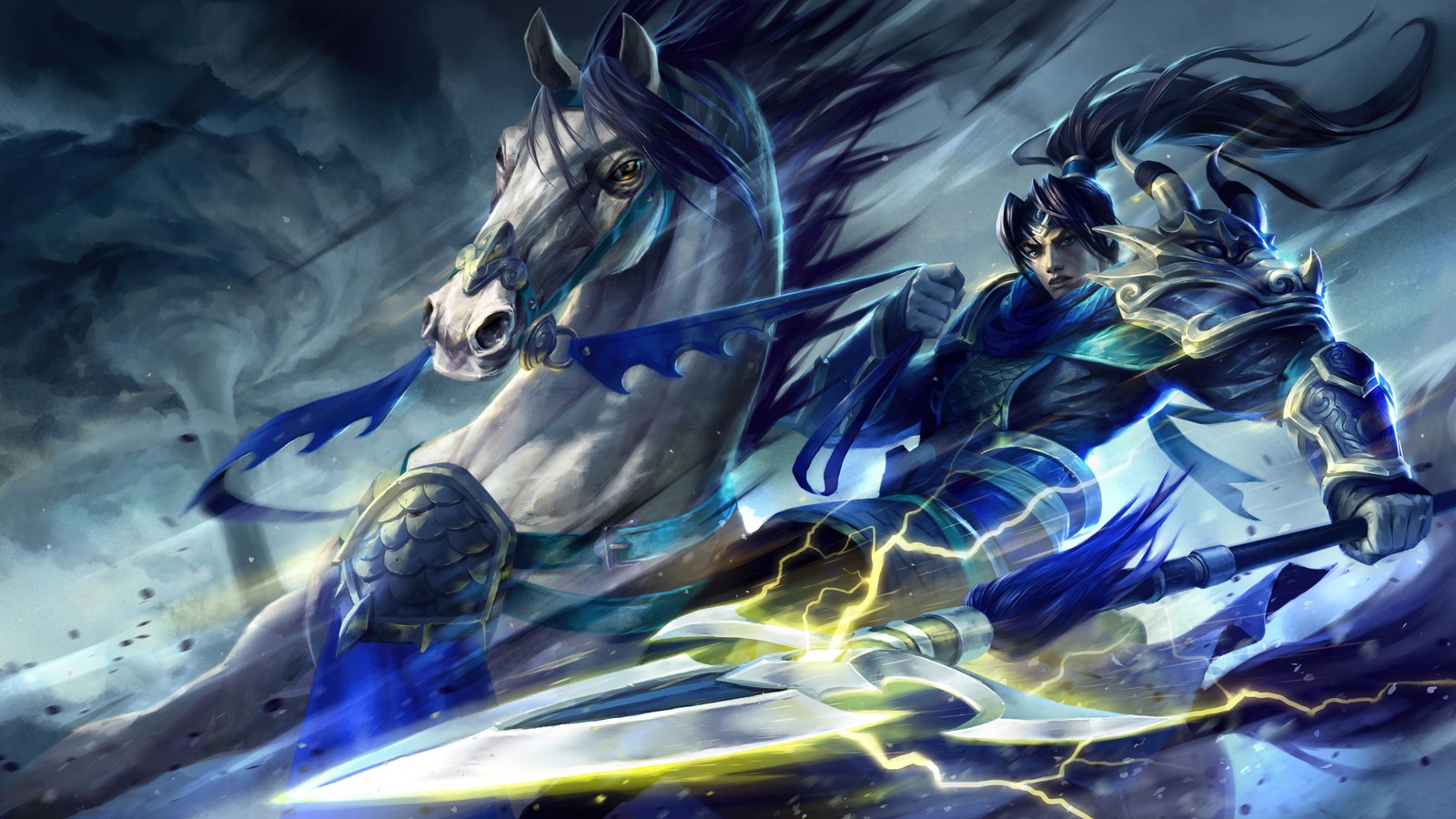 A man riding a horse with a sword in his hand (warring kingdoms, xin zhao, skin, splash art, lol)