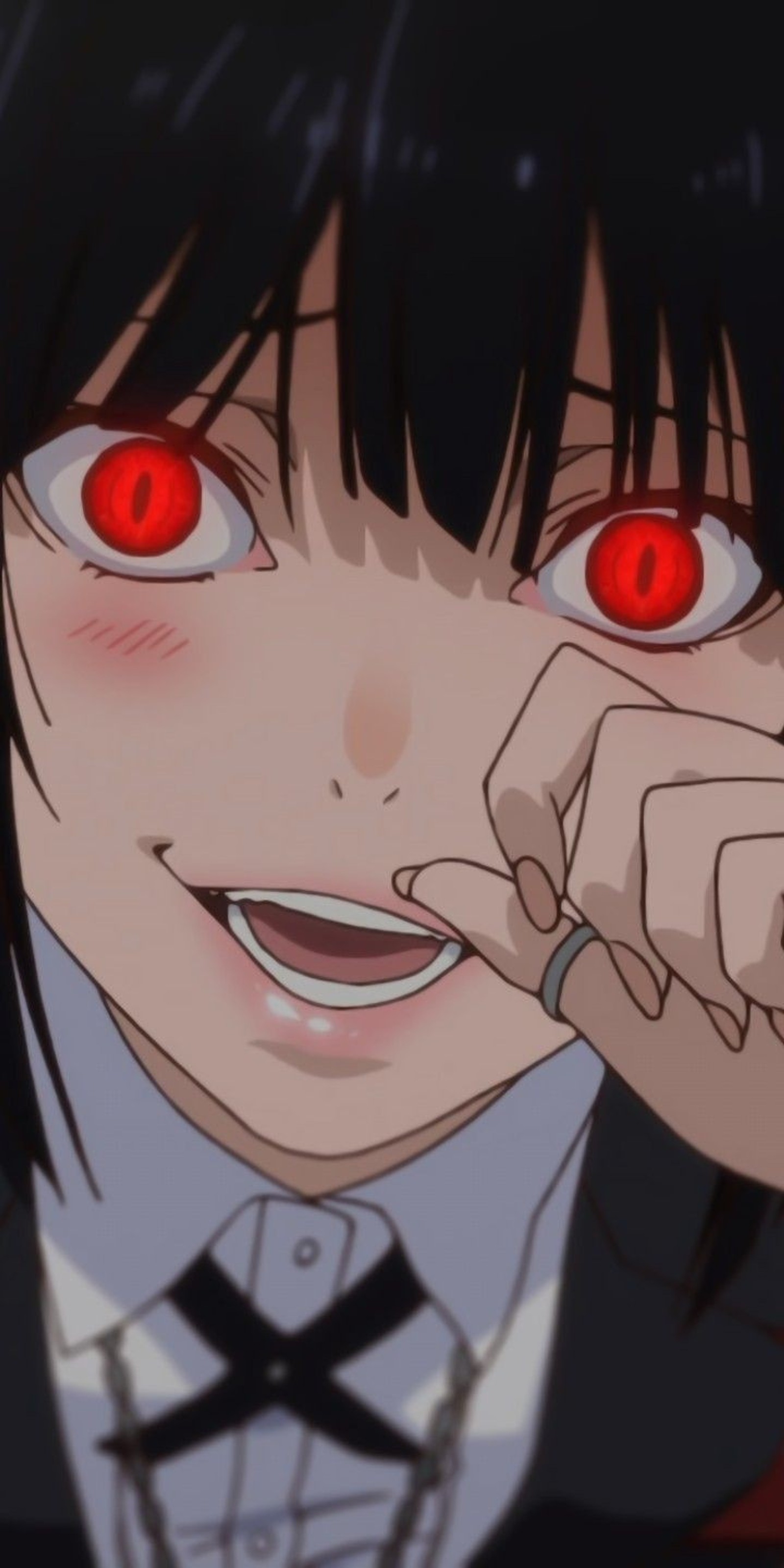 Anime-bild einer person mit roten augen, die auf etwas zeigt (anime, schwarz, kakegurui)