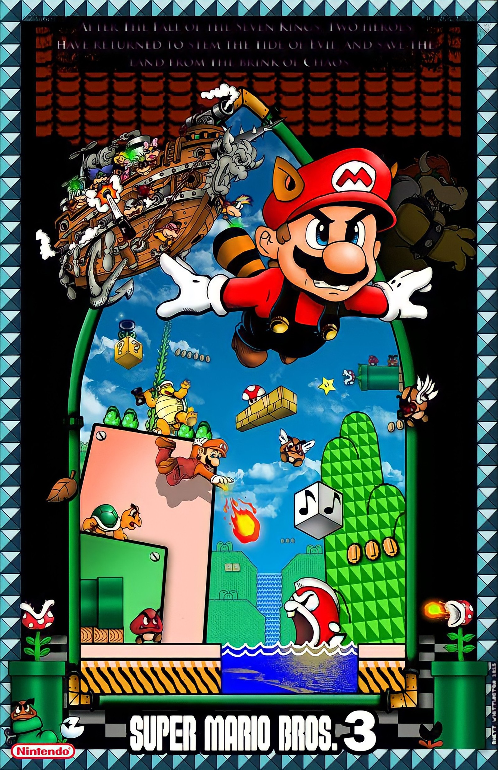 A poster of a mario bros game with a man flying over a city (luigi, mario, mario bros 3, nes, nintendo)