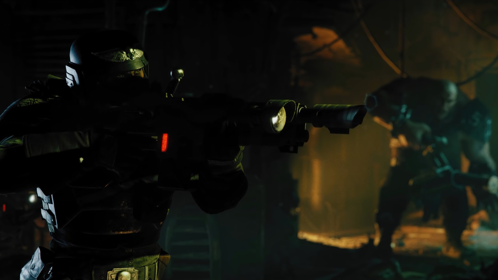 A man in a suit holding a gun in a dark room (warhammer 40000 darktide, video game)